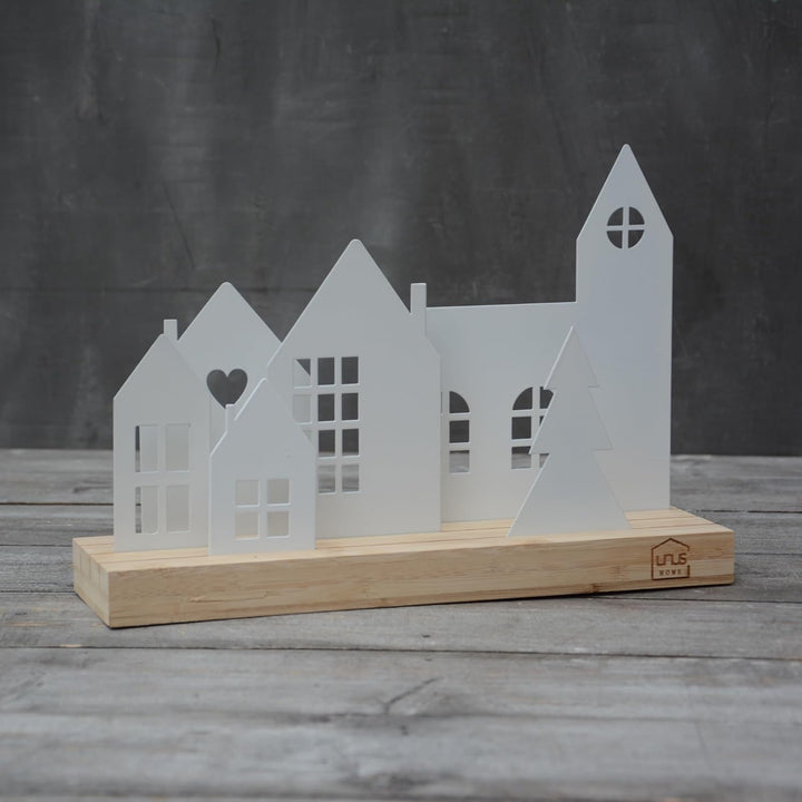 UNUS Häuser-Aufsteller Stadt Holz Metall Deko-Häuser 4 Häuser weiss 30 cm Weiss 4 Häuser, Kirche und