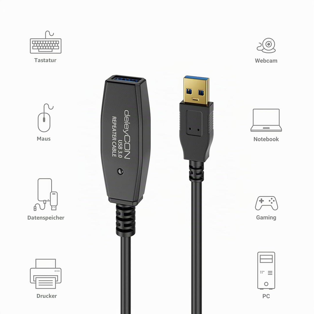 deleyCON 7,5m Aktives USB 3.0 Kabel Aktive Verlängerung mit 1 Signalverstärker &amp; Netzteil USB3.0 Rep