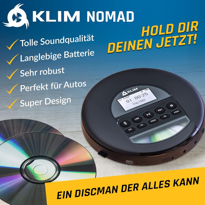 KLIM Nomad - NEU 2023 - Tragbarer CD-Player Discman mit langlebigem Akku - Inklusive KLIM Fusion Kop