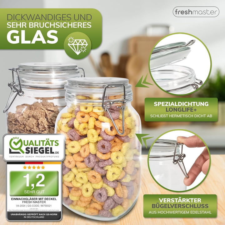 freshmaster Einmachgläser mit Deckel - Set aus bruchsicherem Glas mit Spezialdichtung und Edelstahl