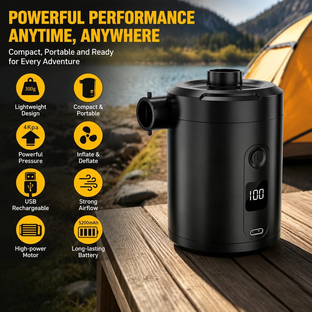 Elektrische Luftpumpe, 5200mAh Akku Luftpumpe mit 4 Luftdüsen, Wiederaufladbare Luftpumpe Elektrisch