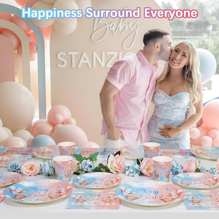Gender Reveal Party Deko Partygechirr Set für 24 Gäste, 96pcs Babyshower Wiederverwendbare Papptelle