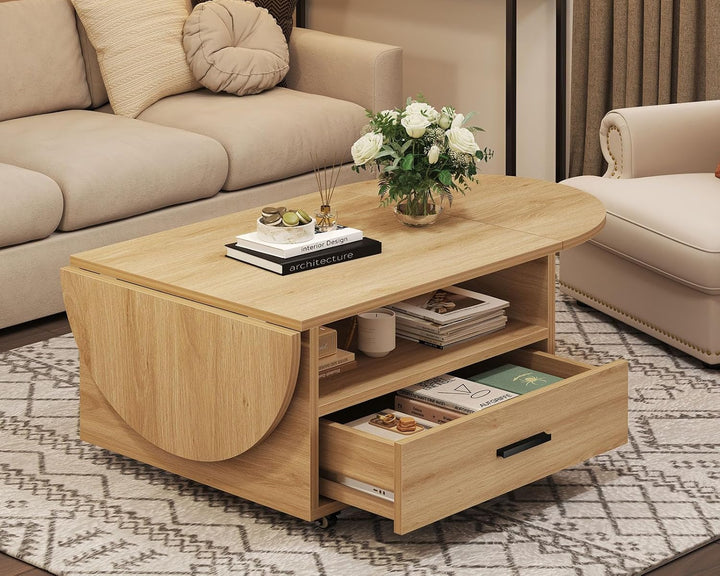 IBF Couchtisch Holz mit Stauraum Oval Klappbarer Couchtisch Wohnzimmer Tisch mit Schublade Mitteltis