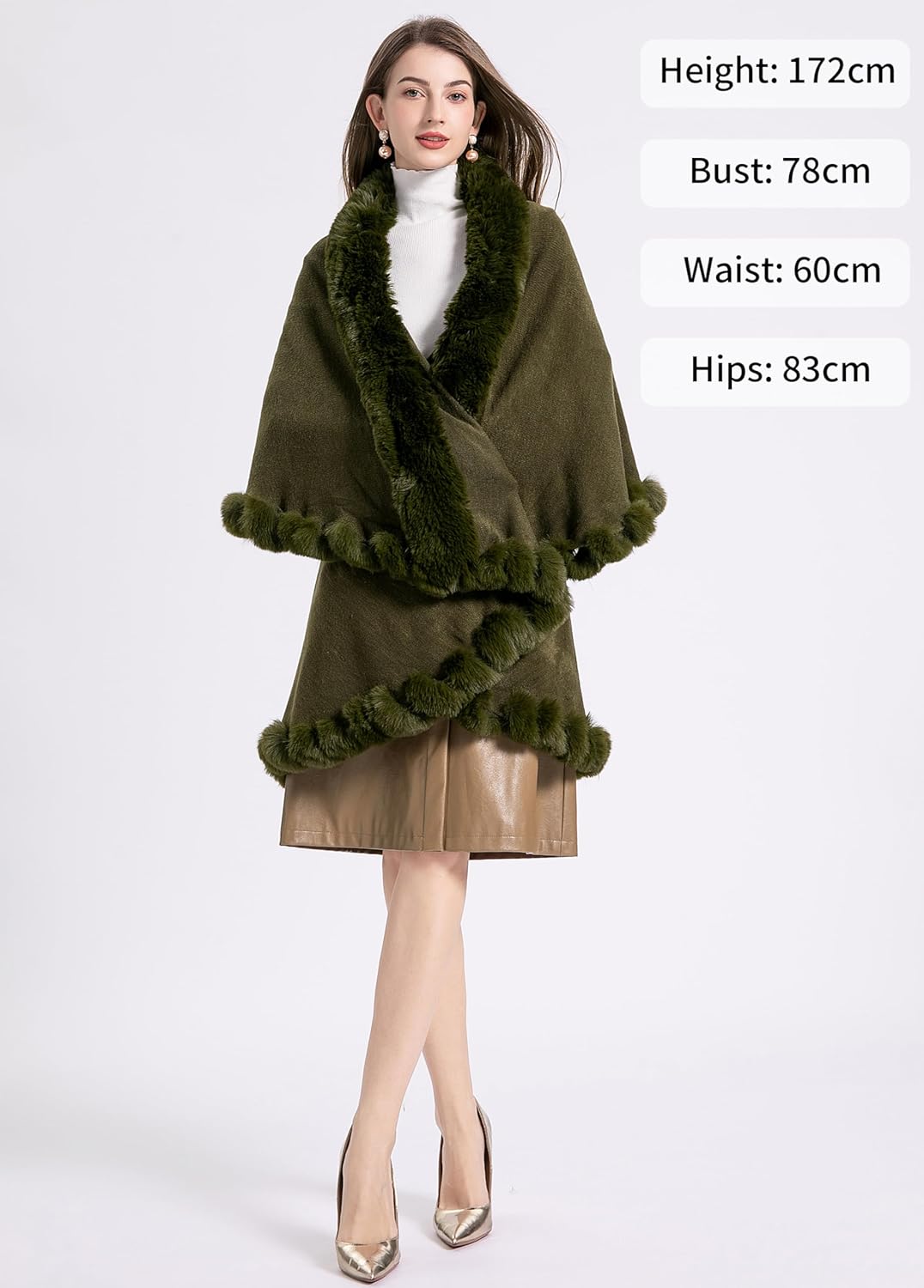 ZLYC Damen Winter Kunstpelz Poncho Strick Schal Stola Warm Cape Cardigan Einfarbig Armeegrün, Einfar