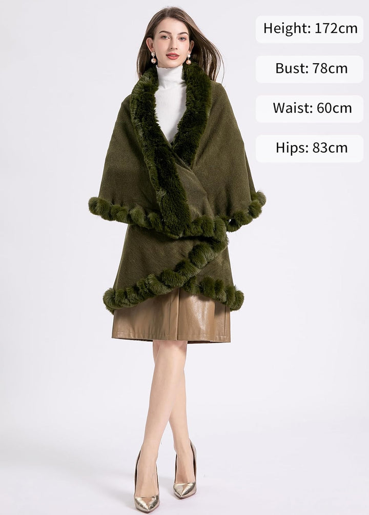 ZLYC Damen Winter Kunstpelz Poncho Strick Schal Stola Warm Cape Cardigan Einfarbig Armeegrün, Einfar