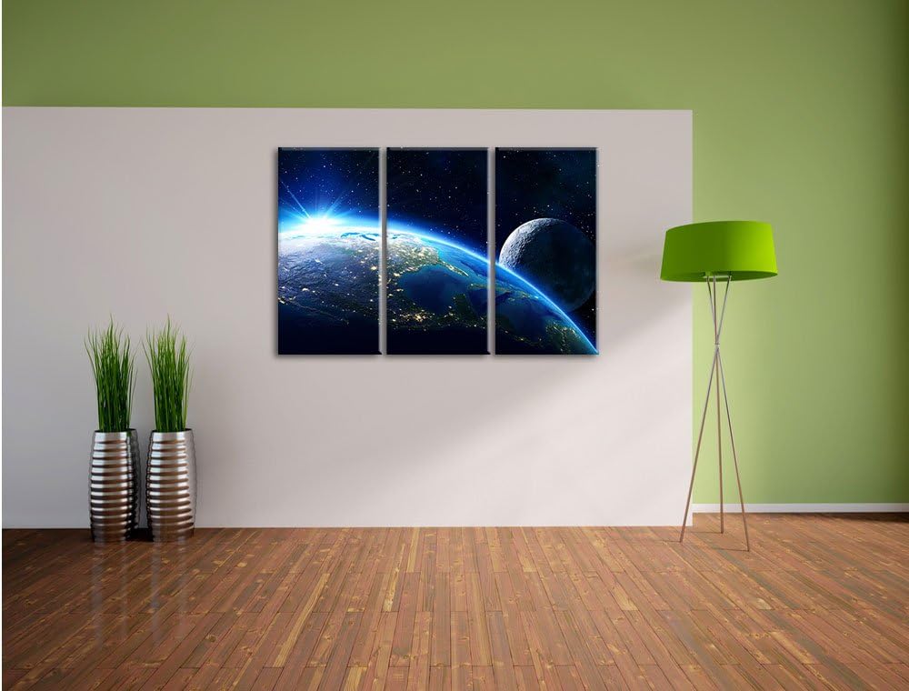 Pixxprint Erde und Ihr Mond aus dem All als Leinwandbild | Grösse: 3 Teilig (120x80) | Wandbild| Kun