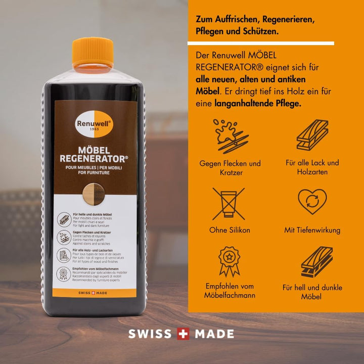Renuwell Möbel Regenerator® Pflege Politur für helle/dunkle Möbel, 1 L 1 l (1er Pack), 1 l (1er Pack