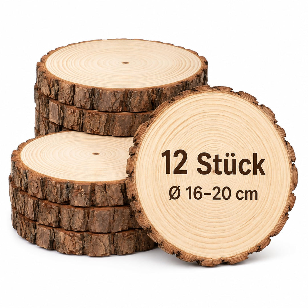 Holzscheiben 12er Set 18-20 cm Runde Baumscheiben ohne Loch – Unbehandelte Holz Log Scheiben aus Kie