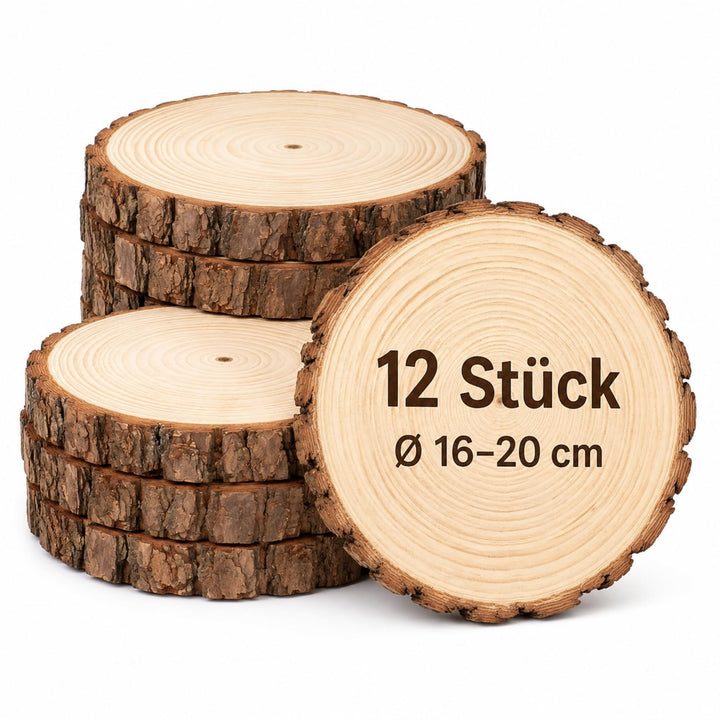 Holzscheiben 12er Set 18-20 cm Runde Baumscheiben ohne Loch – Unbehandelte Holz Log Scheiben aus Kie