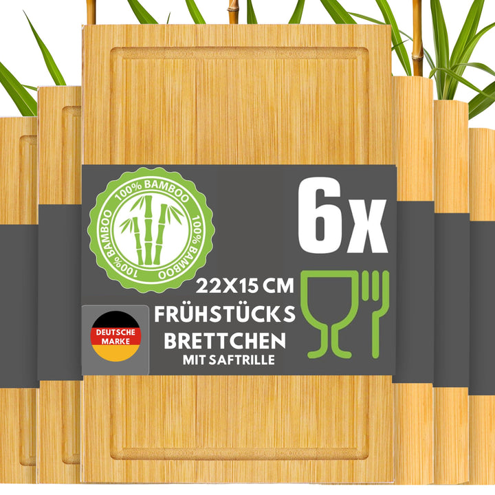 DuneDesign Frühstücksbrettchen Holz 6er Set - Bambus Holzbrett 22x15cm für Küche & Frühstück - stabi