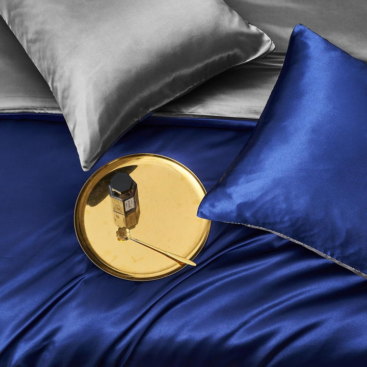 YASMENG Bettwäsche Satin 200x220 Blau Dunkelgrau Wendebettwäsche Modern Deluxe Elegant Bettbezug Set
