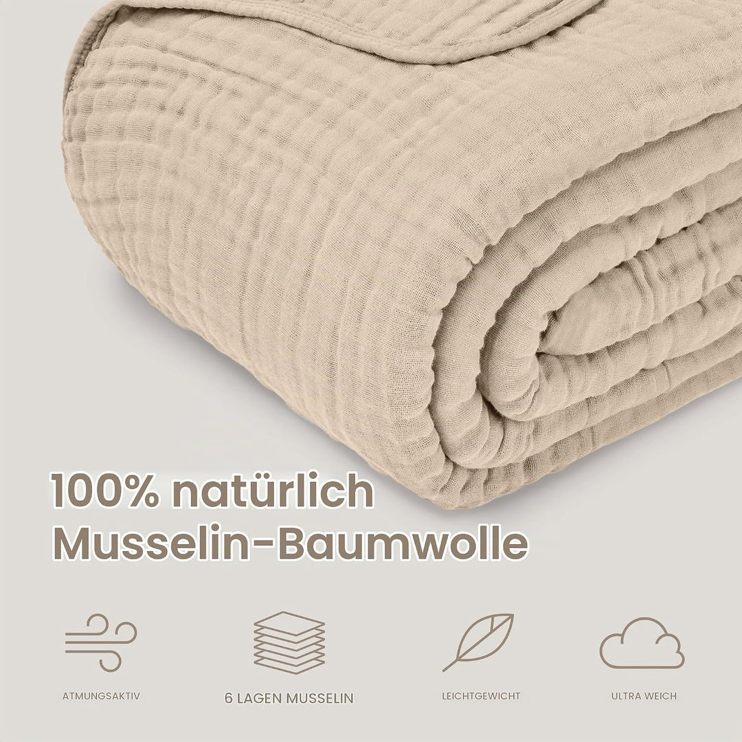Musselin-Decke für Erwachsene, extra grosser Überwurf, 127 x 152 cm, 6-lagige, kühlende Baumwollweic