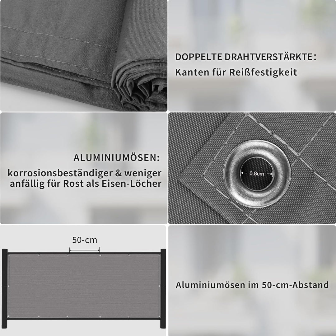 Shade&Beyond Balkon Sichtschutz Wetterfest 90x500cm, 95% UV-Schutz Balkonabdeckung mit Kabelbinder f