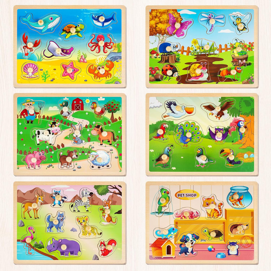 SYNARRY 6 Set Kinder Holzpuzzle ab 1 2 3 Jahre, Montessori Spielzeug Steckpuzzle für Babys Kleinkind