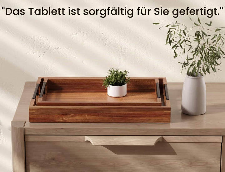 Fibogollo 2er Set Akazienholz Serviertablett mit Metallgriff, Rechteckig Tablett Frühstückstablett,D