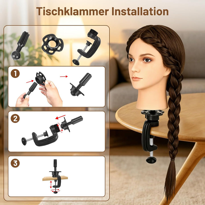 TwoWin Friseurkopf mit Haaren, 26 Zoll (66 cm) 80% Echthaar Mannequin Kopf, Make-up Übungskopf, Trai