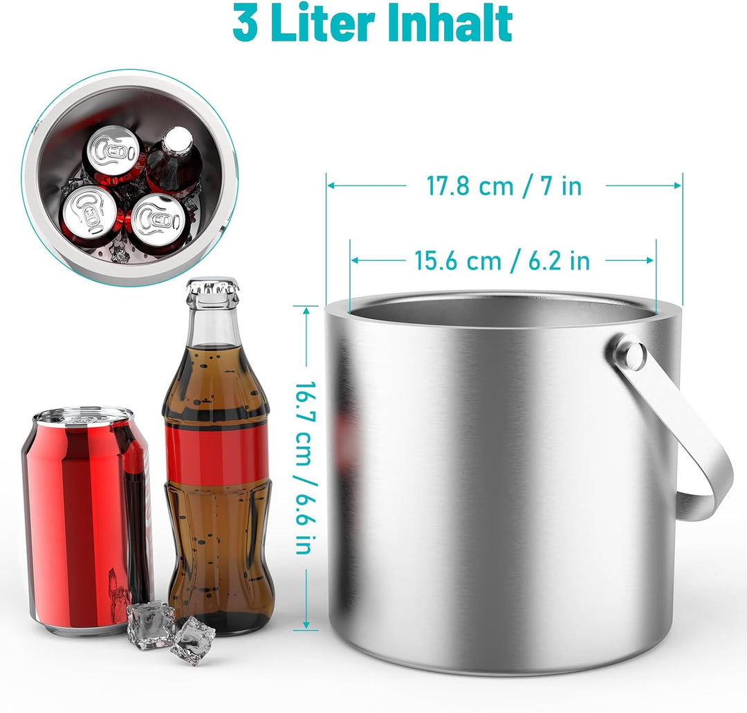 3L Eiswürfelbehälter mit Deckel, Schaufel & Zangen, Doppelwandig Edelstahl Isolierung Eiswürfel Behä