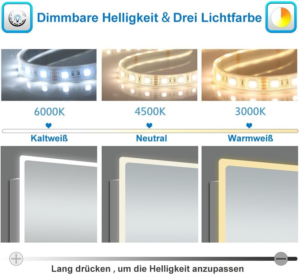 LED Badspiegel 80x60cm Halbrund Badspiegel mit Beleuchtung Anti-Beschlag Wand/Touchschalter 3 Lichfa