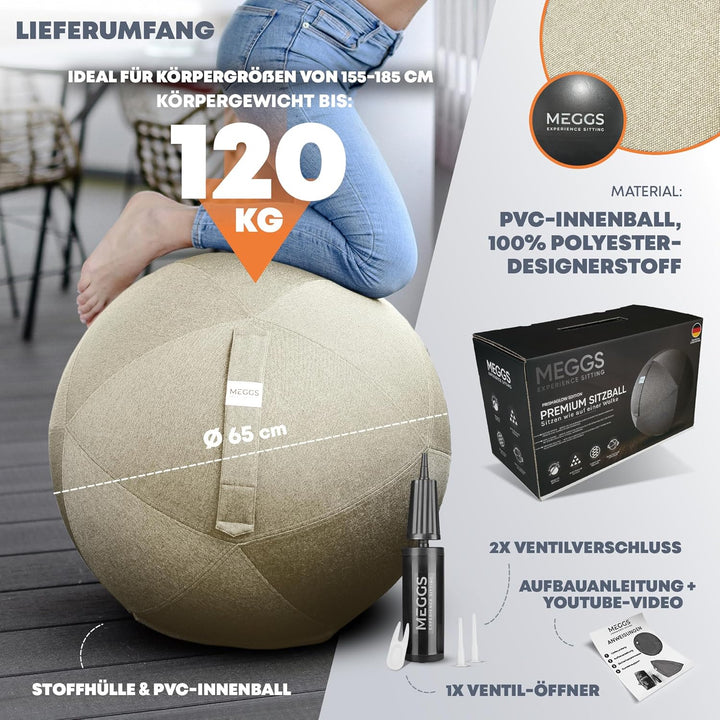 MEGGS® Stoff-Sitzball 65cm, Ergonomisch Sitzen im Büro & Zuhause, [Wegrollschutz & Platz-Sicher], Pe