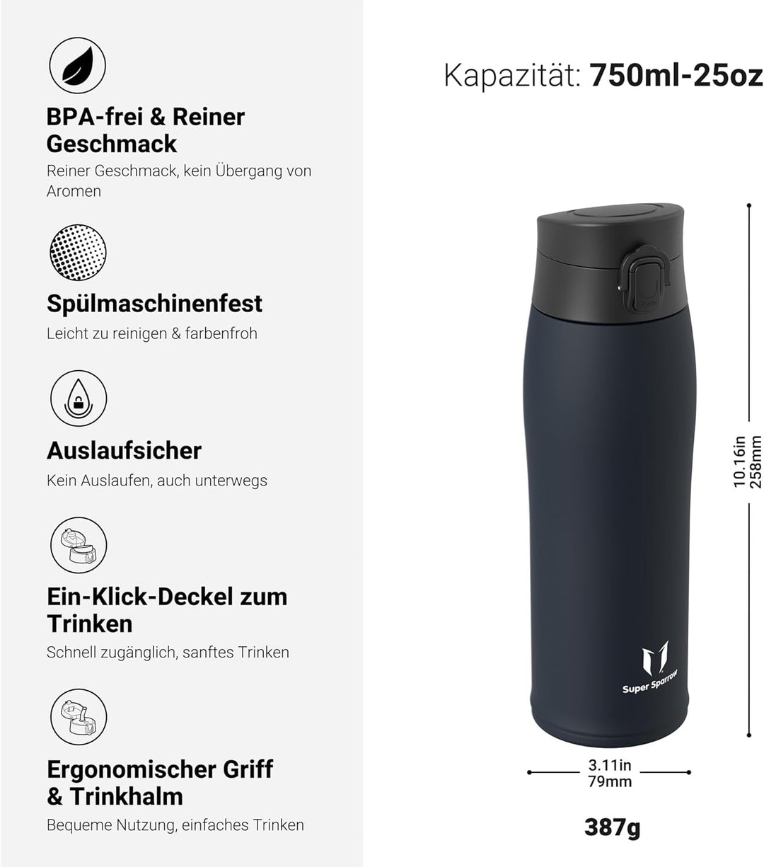 Super Sparrow Trinkflasche Edelstahl - Thermobecher - 500ml, 750ml, 950ml - BPA-Frei Thermosflasche,