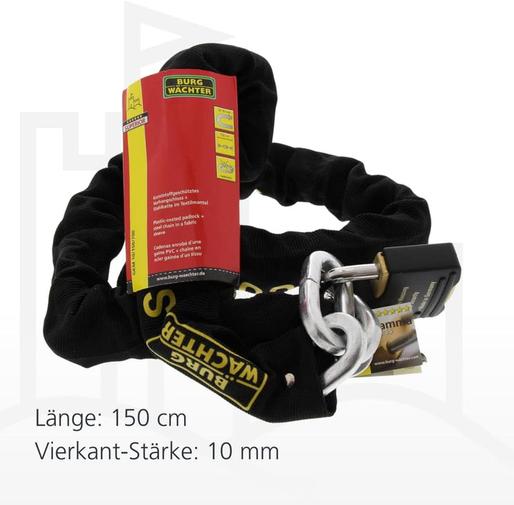 BURG-WÄCHTER Vierkantkette, Kette für Fahrrad, Motorrad, E-Scooter, Gartenmöbel, GKM 10/150, Gewicht