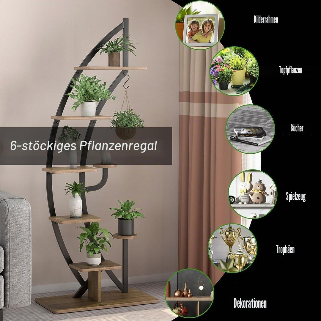 HOMASIS 6 Ebenen Pflanzenregal aus Metall, Blumenständer mit 7 Ablagen &amp; 1 Haken, elegante Halbmondf