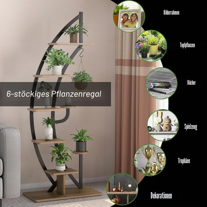 HOMASIS 6 Ebenen Pflanzenregal aus Metall, Blumenständer mit 7 Ablagen &amp; 1 Haken, elegante Halbmondf
