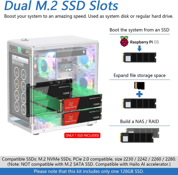 FREENOVE Raspberry Pi 5 Case Kit Pro (with 1x 128GB SSD), Dual M.2 NVMe SSD Slots, 5 PWM ARGB Fans L