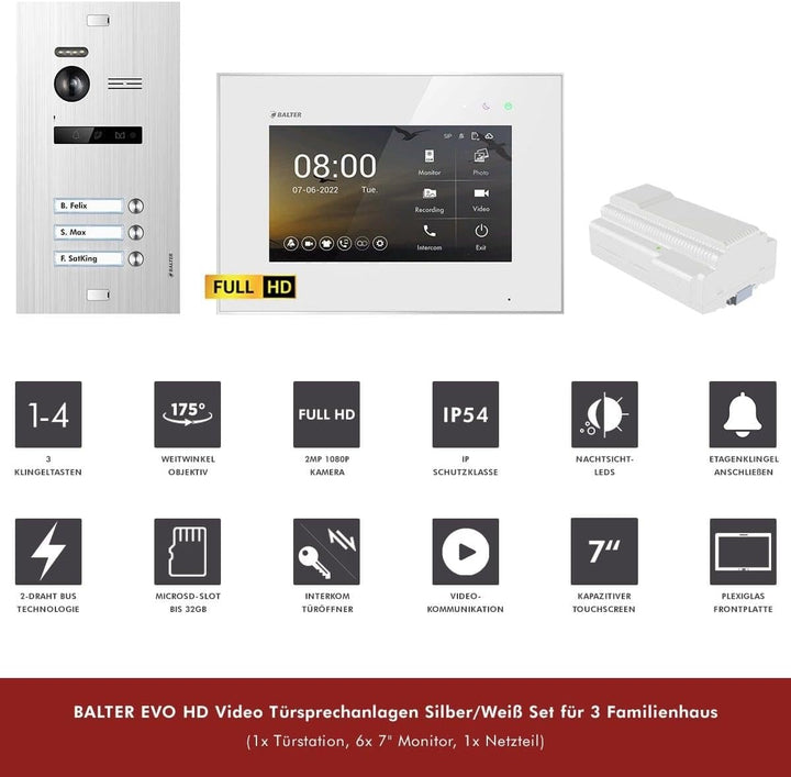 Balter EVO HD Silber/Weiss Video Türsprechanlage Set für 3 Familienhaus (1x Türstation mit Full HD-K