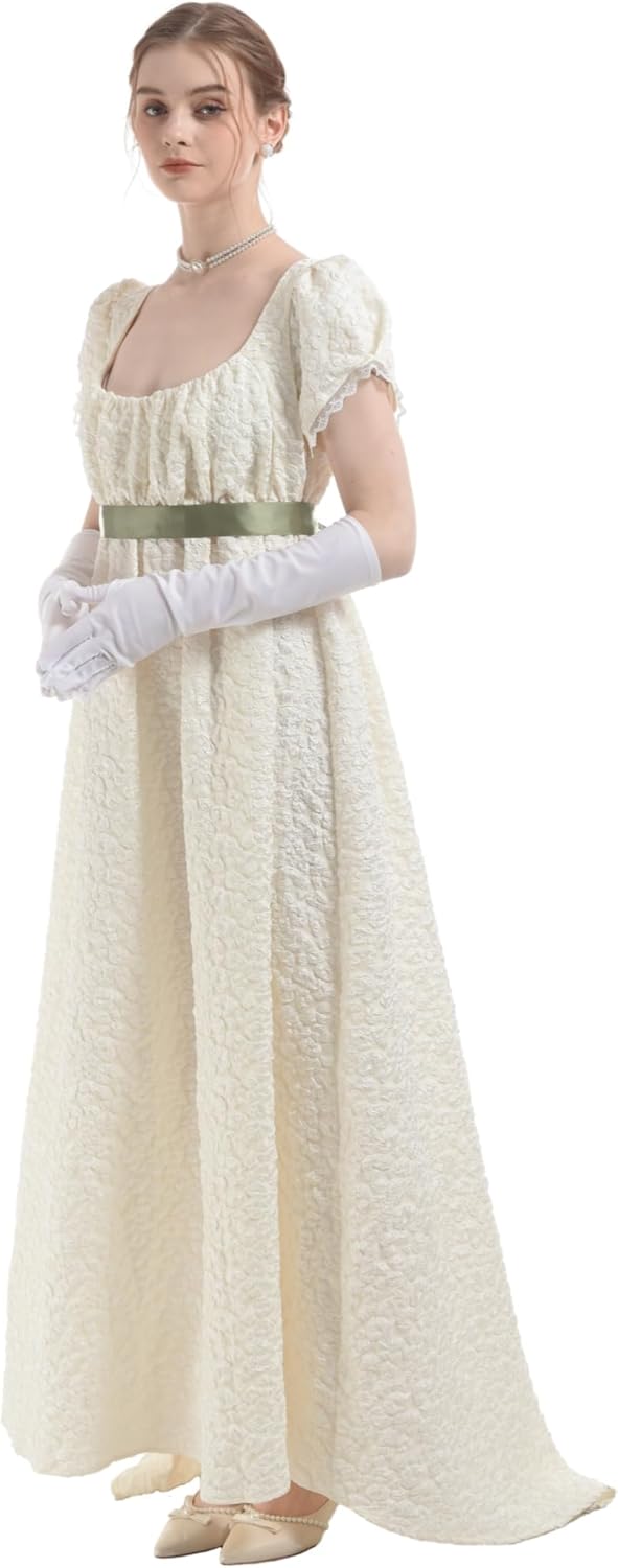FCCAM Damen Regency Kleid Jane Austen Lange Vintage Kleid Viktorianische Ballkleid mit Handschuhen E