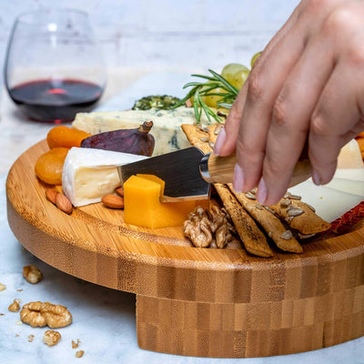 Bambus Käsebrett mit Käsemesser Set – 25cm Rund Servierplatte aus Holz für Käse und Häppchen – Chees