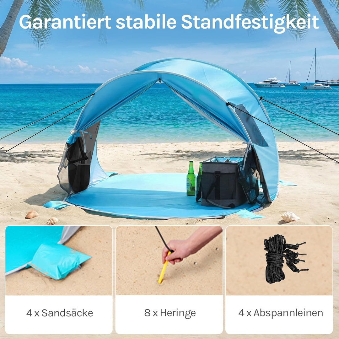 Wolfwise Pop Up Strandmuschel für 3-4 Personen, Sofort Aufbau, UV-Schutz 50+, Wasserabweisend, Belüf