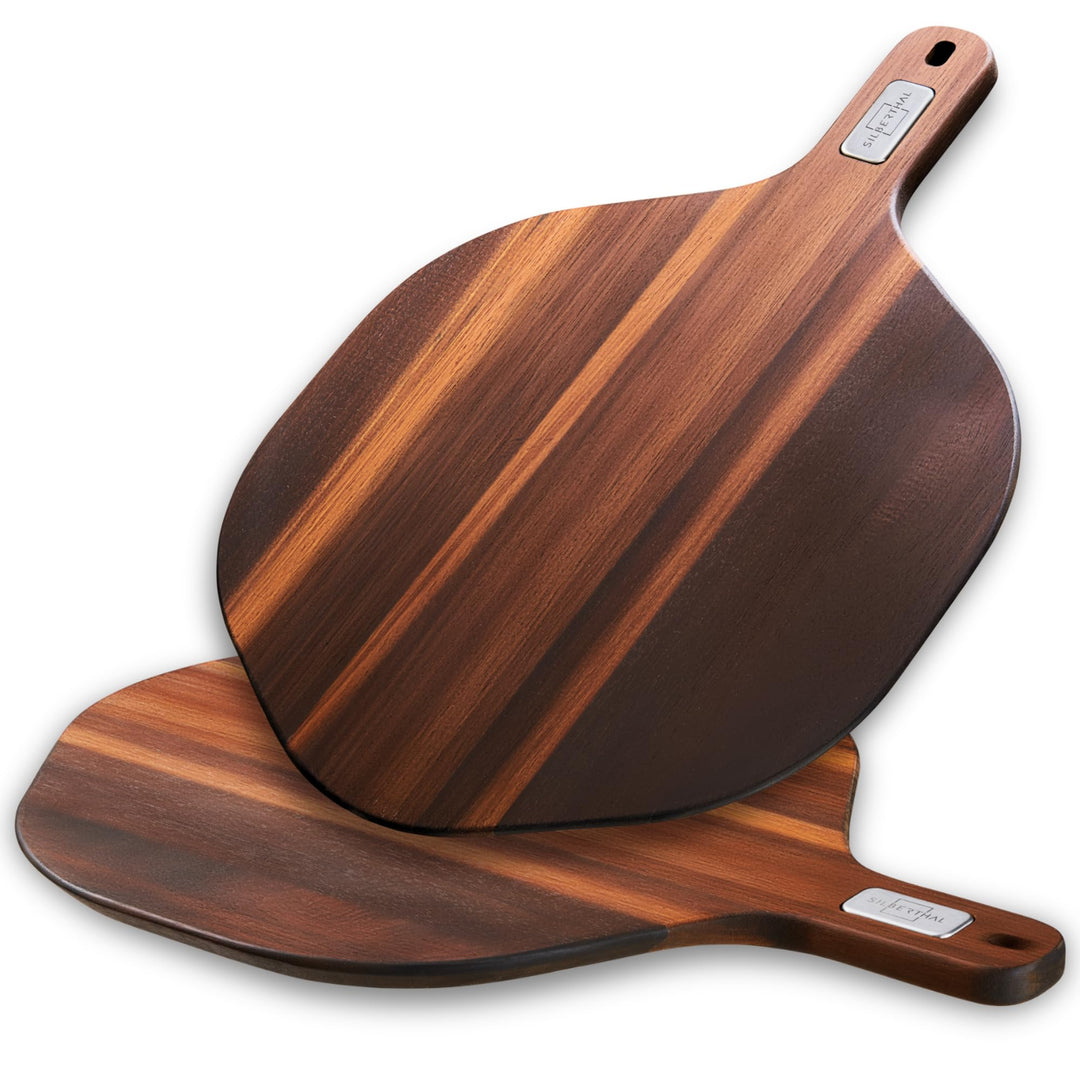 SILBERTHAL Pizzabrett 30 cm 2er Set Akazienholz - 6-Eck-Design - Servierbrett mit ergonomischer Grif