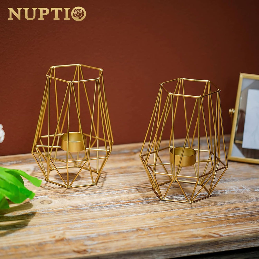 Nuptio 2 Stück Metall Sechseck Geformt Geometrisches Design Teelicht Votiv Kerzenhalter, Eisen Hohl