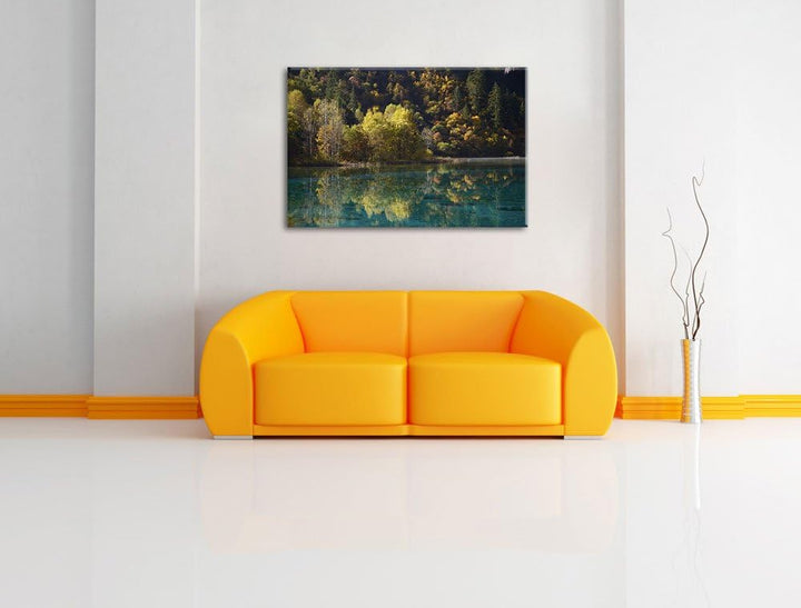 herbstlicher Wald am See Leinwand, XXL riesige Bilder fertig gerahmt mit Keilrahmen, Kunstdruck auf
