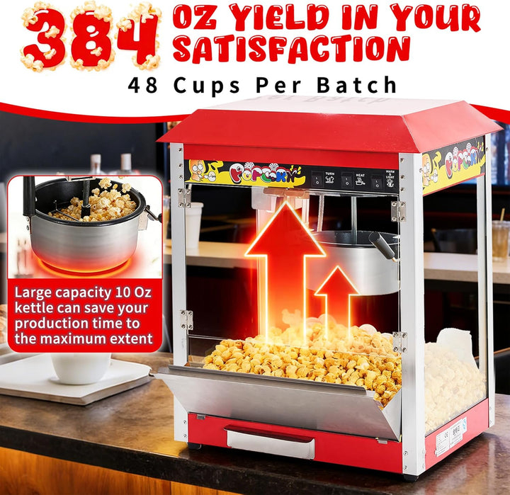 Popcornmaschine, 10 oz Kessel für 60 Tassen pro Ladung, 1300 W, Tisch-Popcornmaschine mit Popcornsch