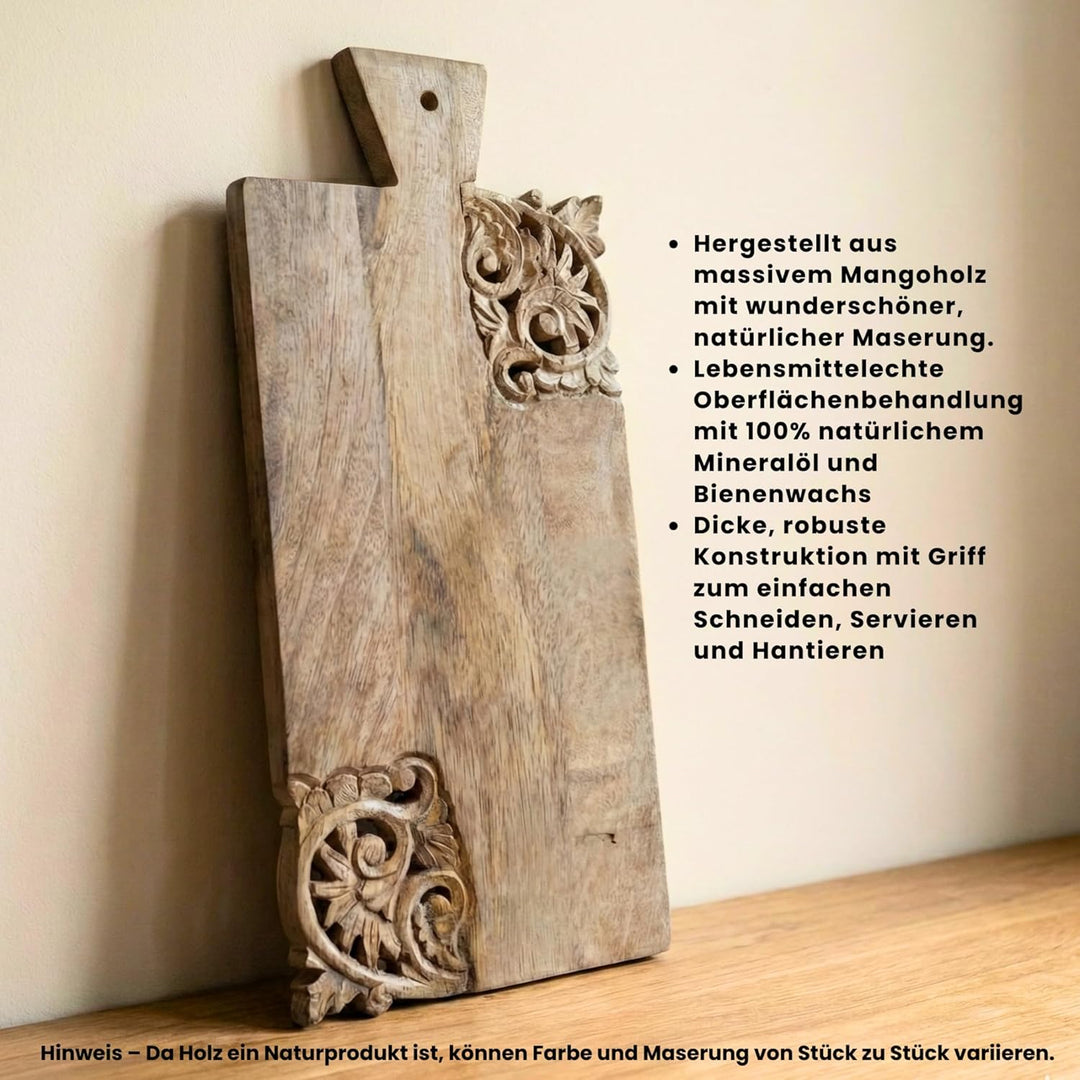 Holz Schneidebrett – Servierbrett aus Massivholz, Naturholz mit Schnitzdesign, 39 x 17 x 2 cm