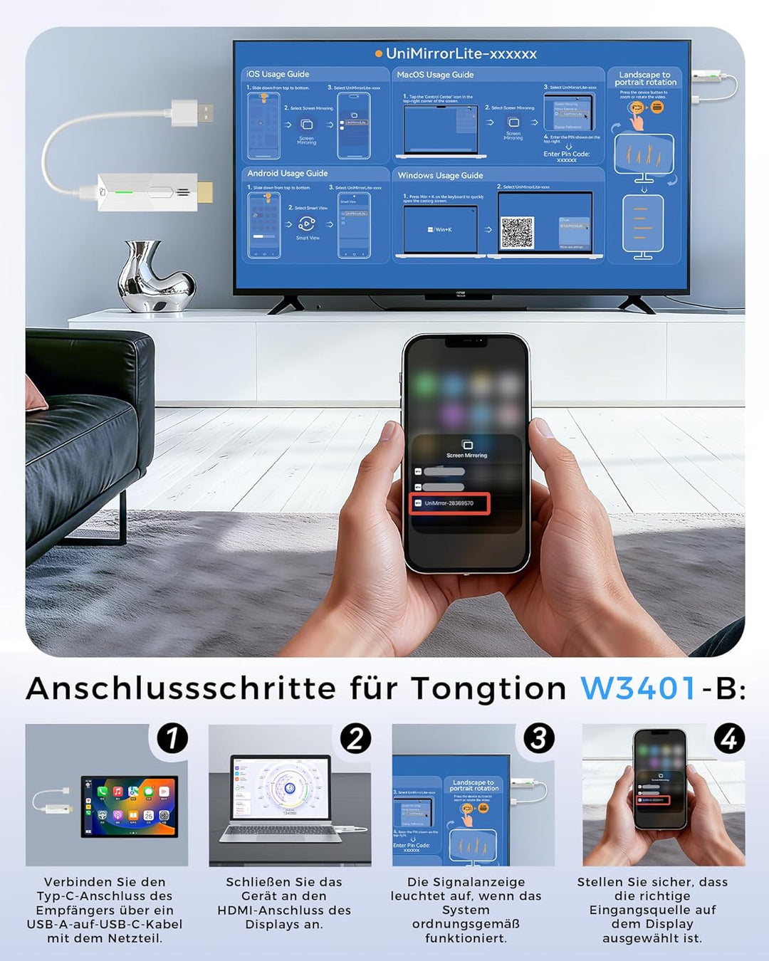 2026 Miracast Wireless Display Dongle Adapter HDMI 1080P@60Hz, 5GHz AirPlay/Miracast für TV/Projekto