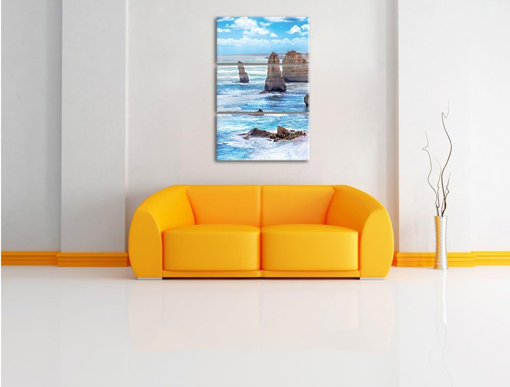 Pixxprint Meer klippe küste Sonnenaufgang Steine Strand 3-Teiler Leinwandbild 120x80 Bild auf Leinwa