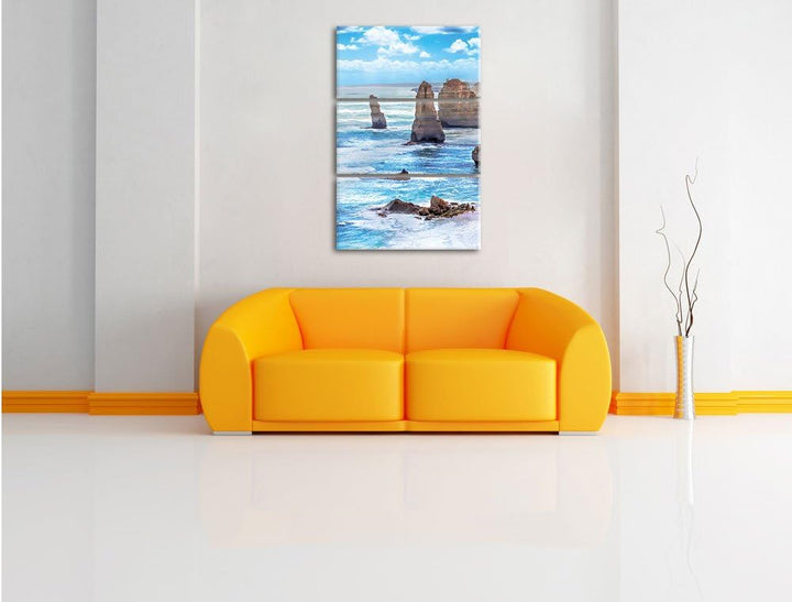 Pixxprint Meer klippe küste Sonnenaufgang Steine Strand 3-Teiler Leinwandbild 120x80 Bild auf Leinwa