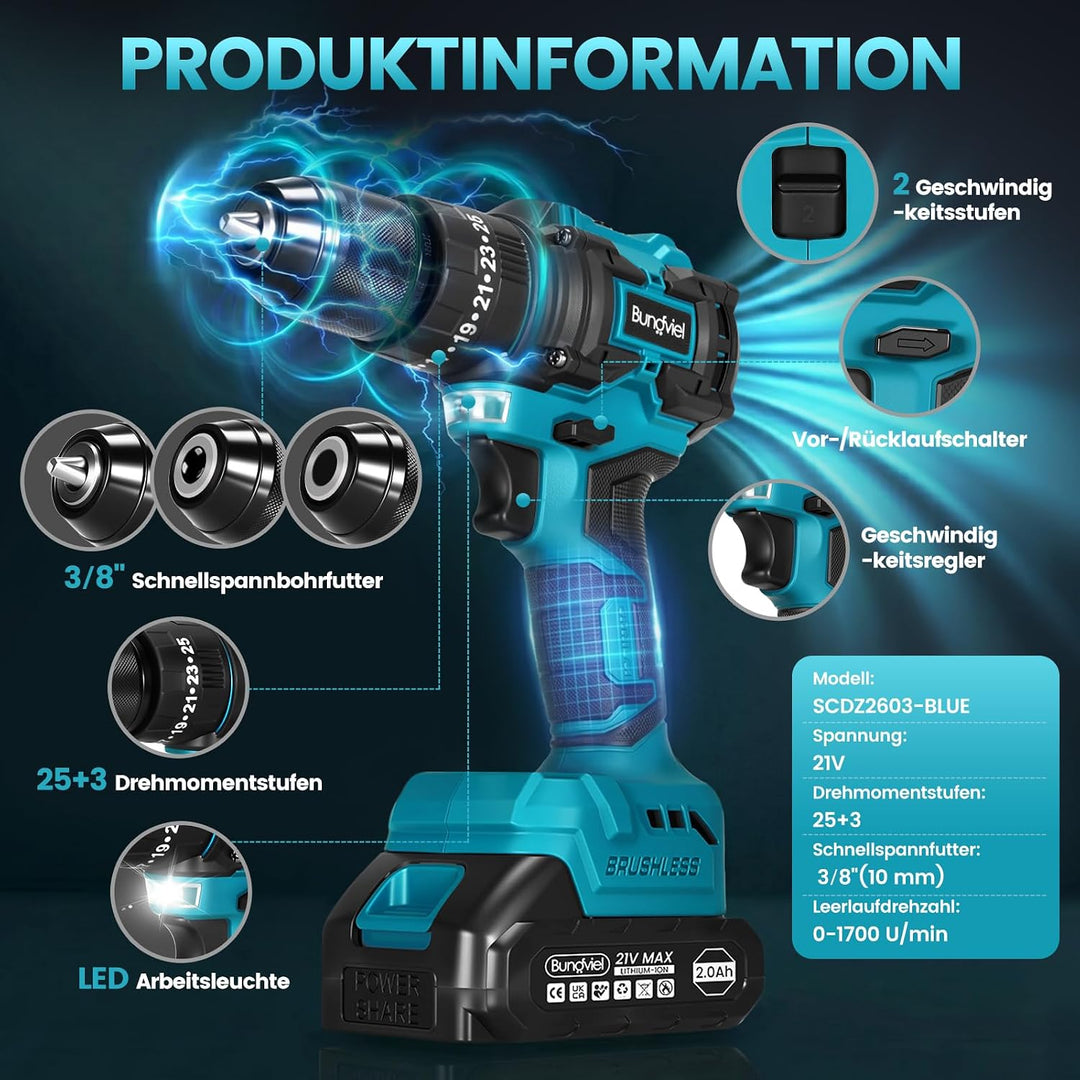 Akkuschrauber/Bohrmaschine Set 25+3 Kompatibel mit Makita 18V Akku, Enthalten 2 Akkus 2.0Ah &amp; Ladege