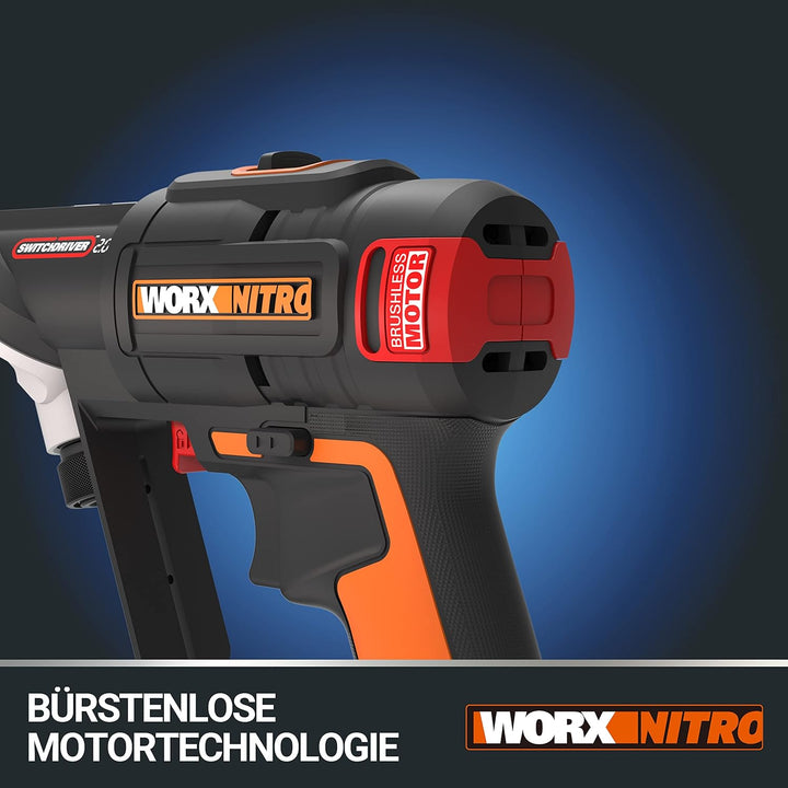 WORX WX177 NITRO Akku-Bohrschrauber Switchdriver 2.0 20V – starker bürstenloser Motor bis 50Nm Drehm