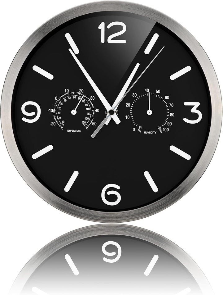 Bresser Funkuhr Wanduhr MyTime ND Thermo-Hygro mit geräuschlosem Funkuhrwerk, Edelstahlrahmen und An