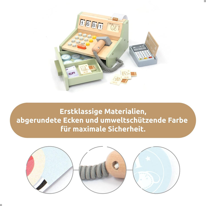 UMU® Kinder Kasse aus Holz - inkl. Zubehör (Scanner, Zahlungsterminal, Spielgeld usw.), Kaufläden &amp;