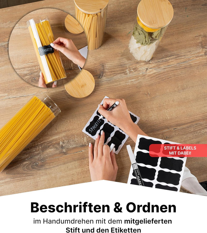 Deco haus® Spaghetti Aufbewahrung 3er Set - Vorratsgläser mit Deckel + Etiketten [LUFTDICHT] - Für M