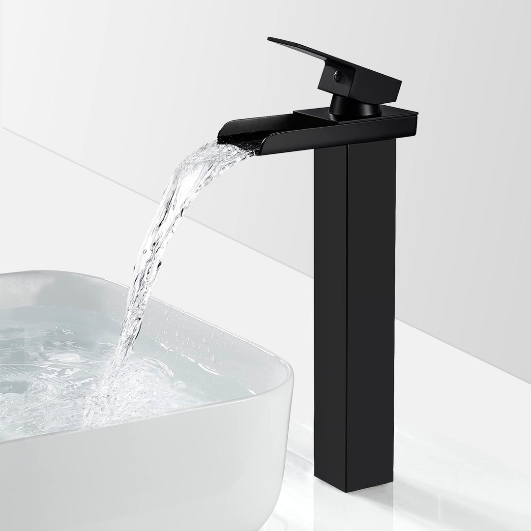 Wasserhahn Bad Schwarz Wasserfall Waschtischarmatur Hoch mit Auslauf 265mm | Messing Einhebel Mischb