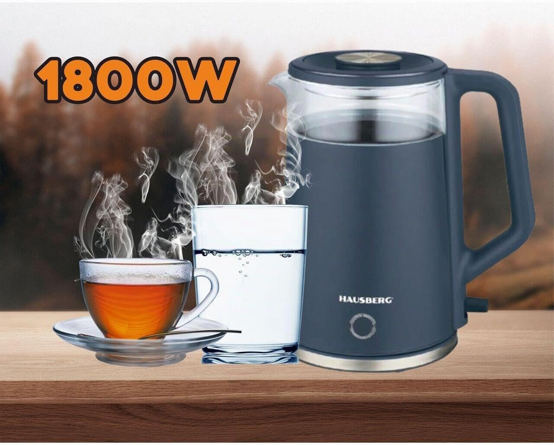 Hausberg Wasserkocher Glas – 2L Teemaschine kabellos, 1800W, LED-Beleuchtung, automatische Abschaltu