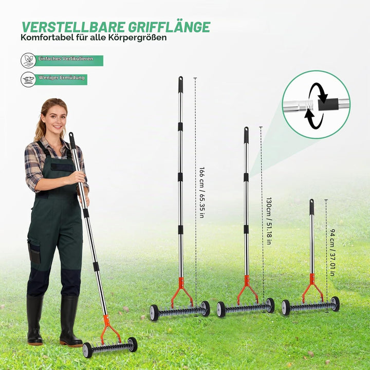 Handvertikutierer mit Rollen, Vertikutierer Rechen mit Stiel 166cm, Rasenlüfter mit Rädern, Metall S
