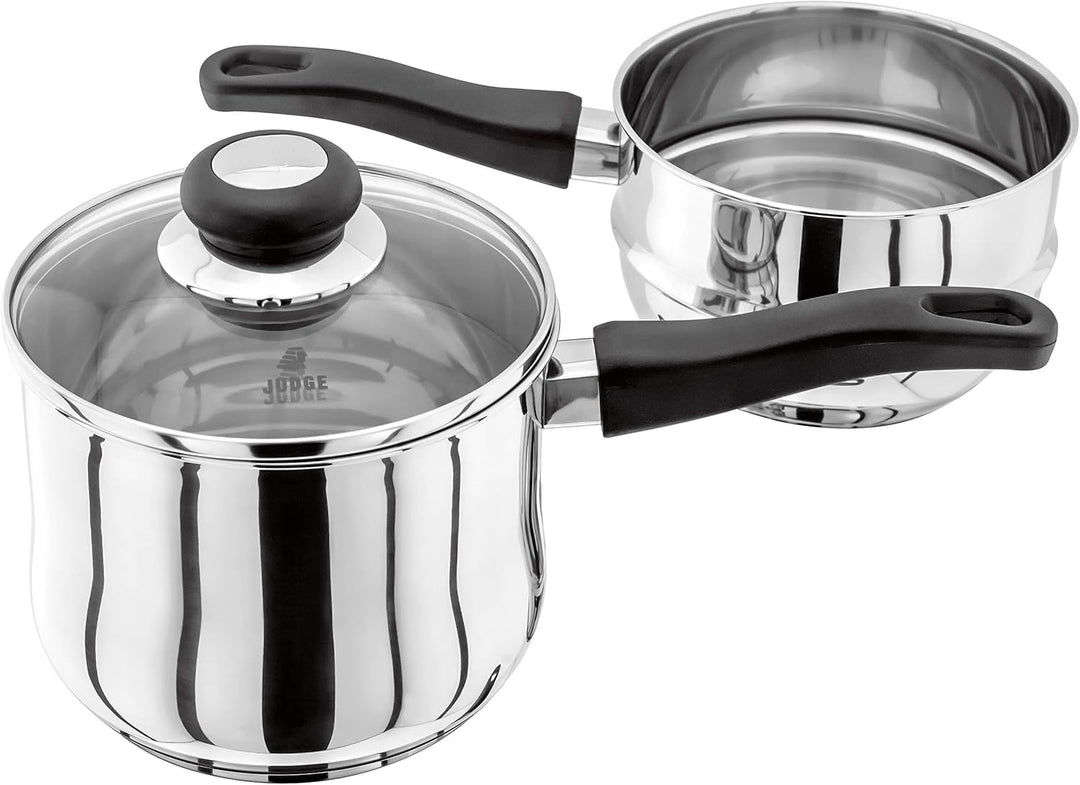 Judge Vista Edelstahl Kochtopf, Schmelztopf, Bain Marie Doppelkocher 16cm, 1,5L, Bruchsicherer Glasd