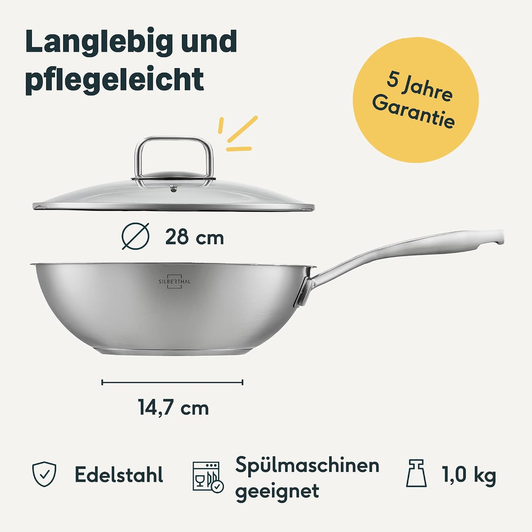 SILBERTHAL Edelstahl Wok Unbeschichtet 28 cm Deckel PFOS &amp; PFOA &amp; PTFE frei